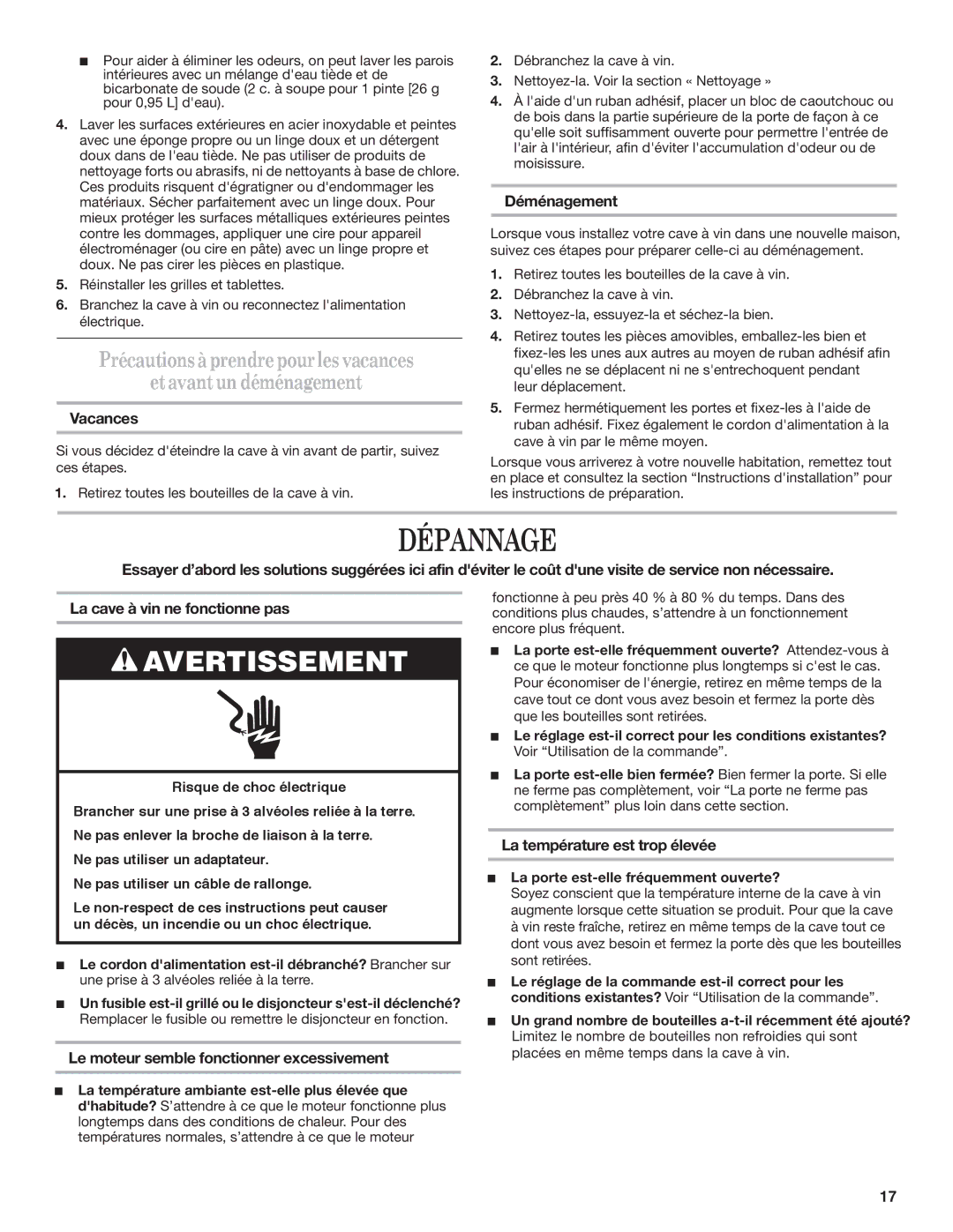 Whirlpool WWC4589BLS manual Dépannage, Etavantun déménagement 