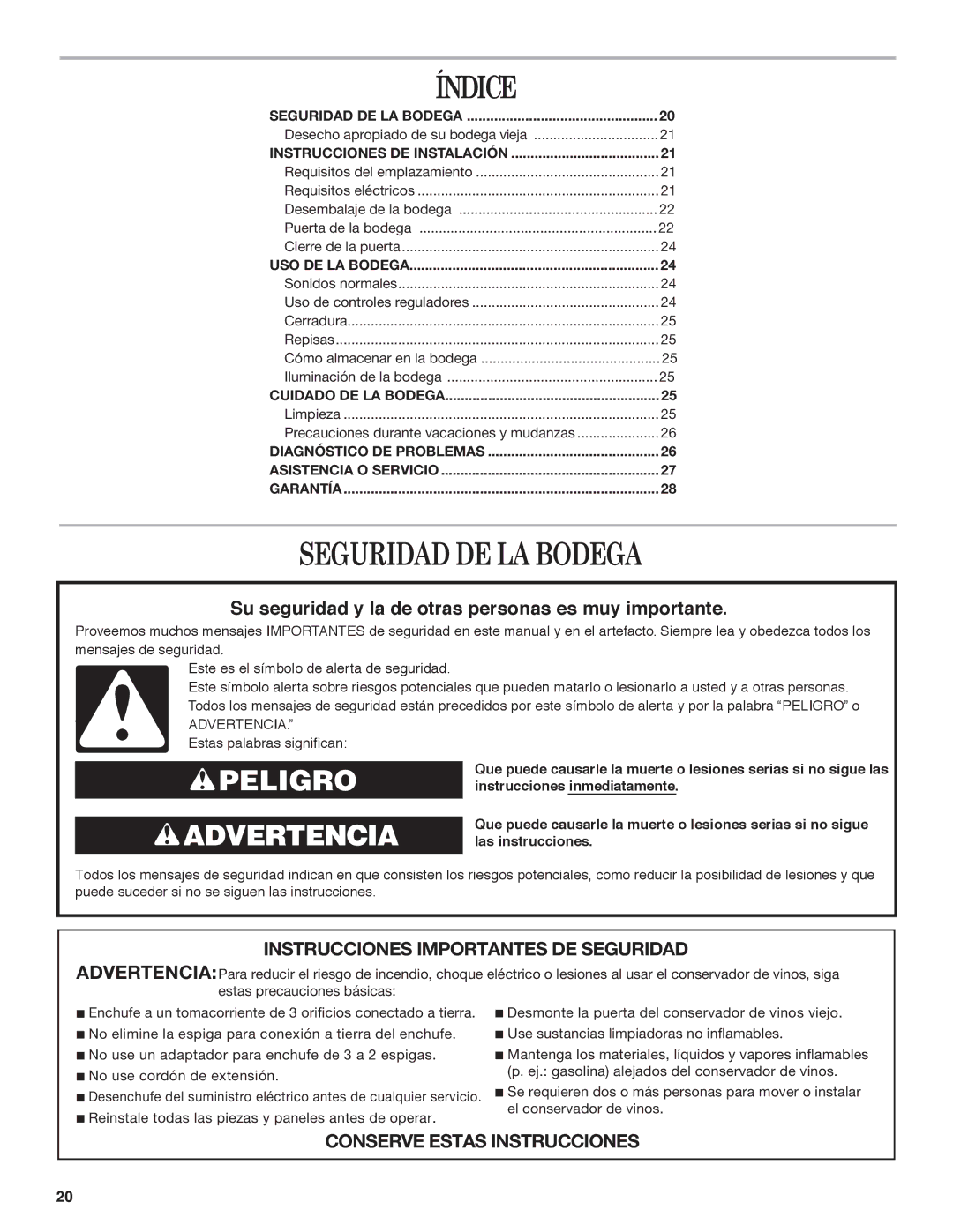 Whirlpool WWC4589BLS manual Índice, Seguridad DE LA Bodega 