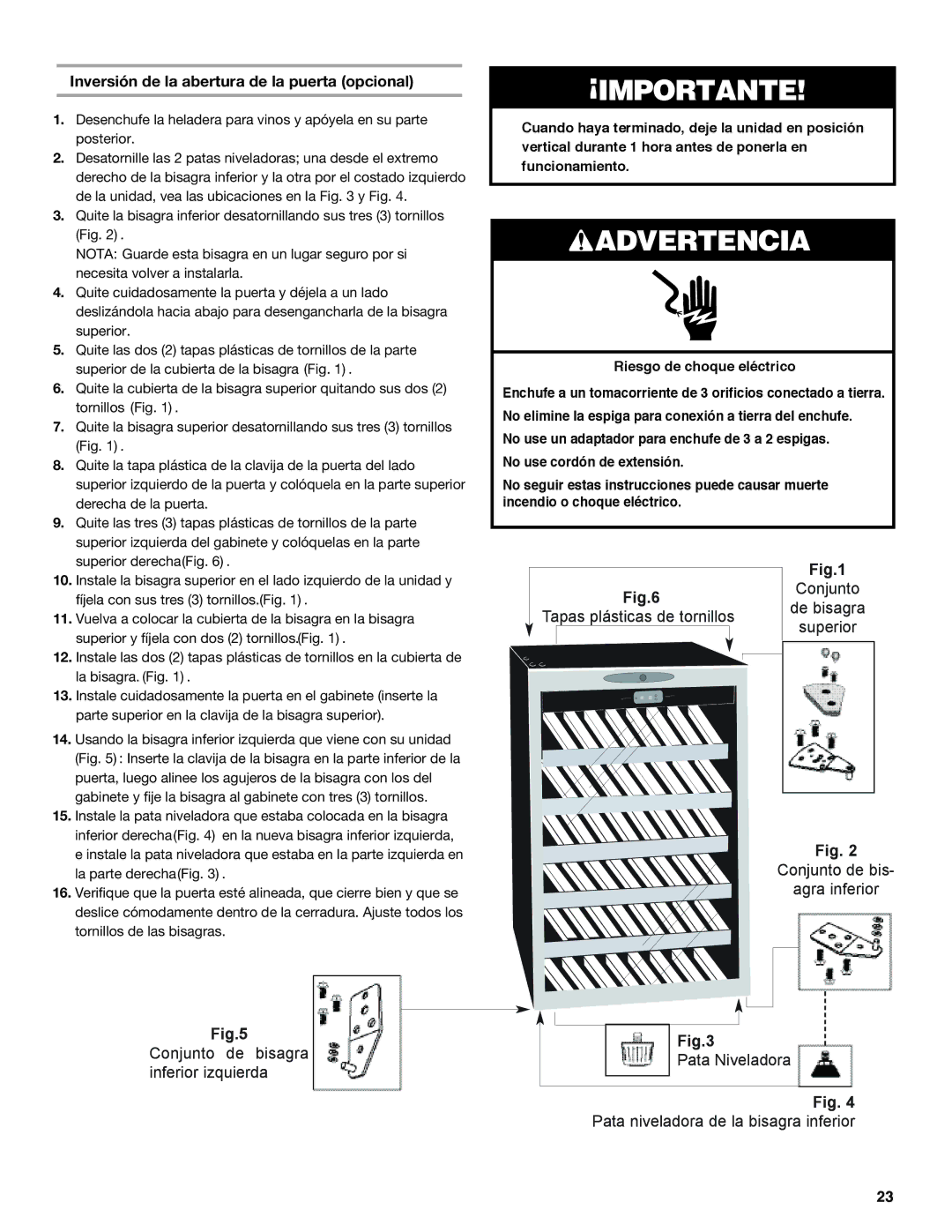 Whirlpool WWC4589BLS manual Importante, Inversión de la abertura de la puerta opcional 