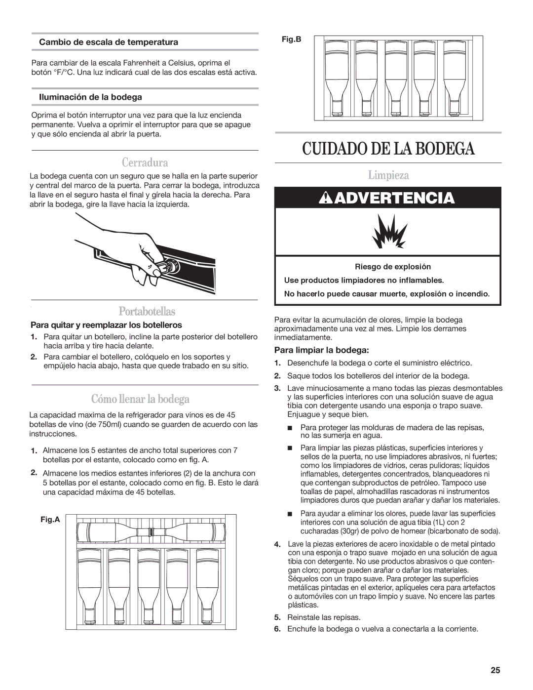 Whirlpool WWC4589BLS manual Cerradura, Cambio de escala de temperatura, Iluminación de la bodega, Para limpiar la bodega 