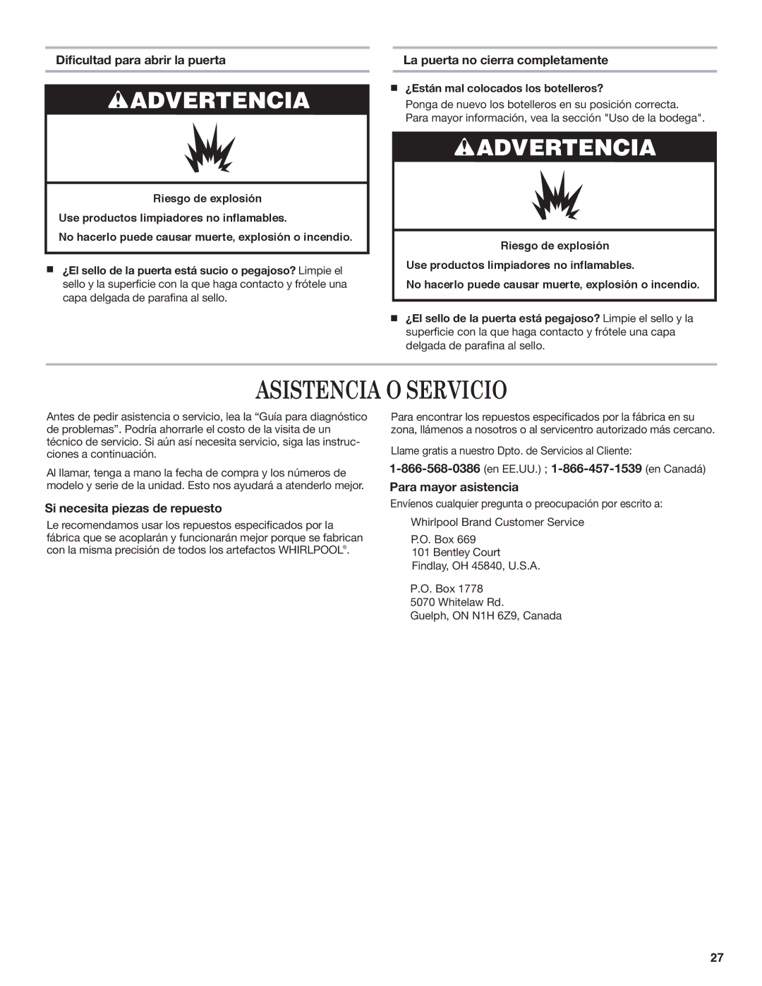 Whirlpool WWC4589BLS manual Asistencia O Servicio, Dificultad para abrir la puerta, La puerta no cierra completamente 