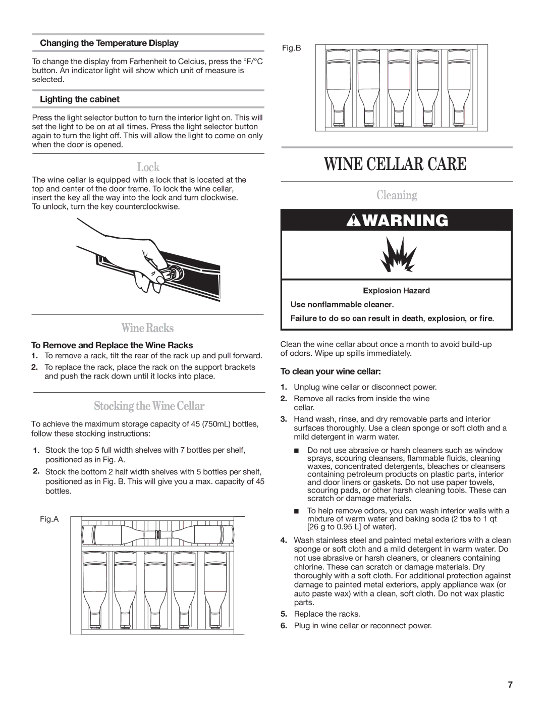 Whirlpool WWC4589BLS manual Wine Cellar Care, Lock, Cleaning 