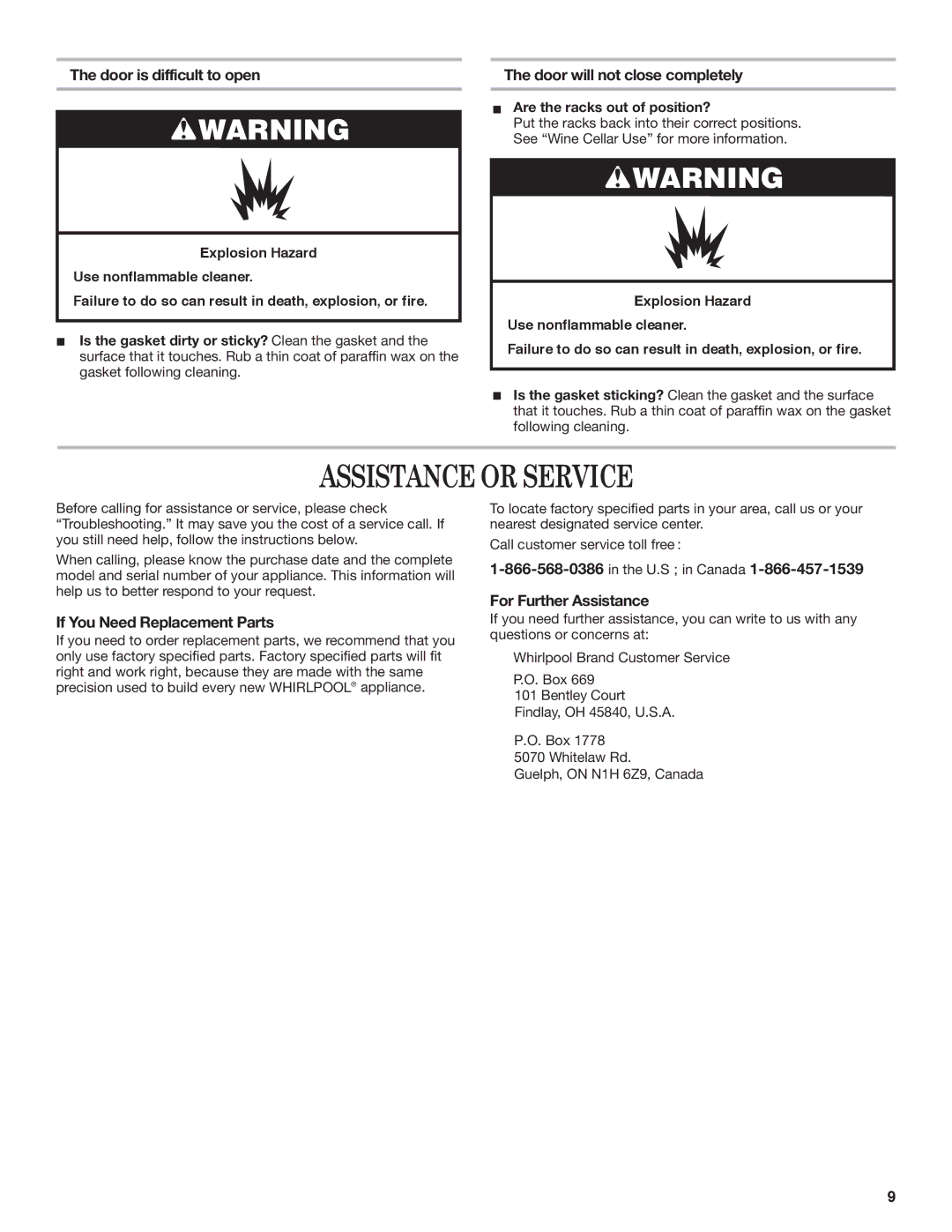 Whirlpool WWC4589BLS manual Assistance Orservice, Door is difficult to open, Door will not close completely 