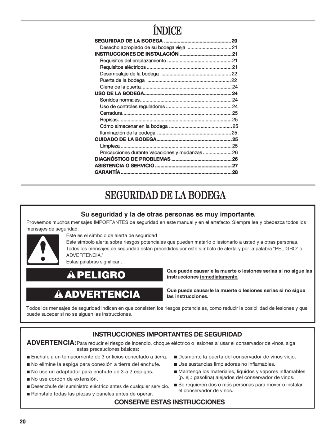 Whirlpool WWC4589BLS manual Índice, Seguridad De La Bodega, Peligro Advertencia, Instrucciones Importantes De Seguridad 