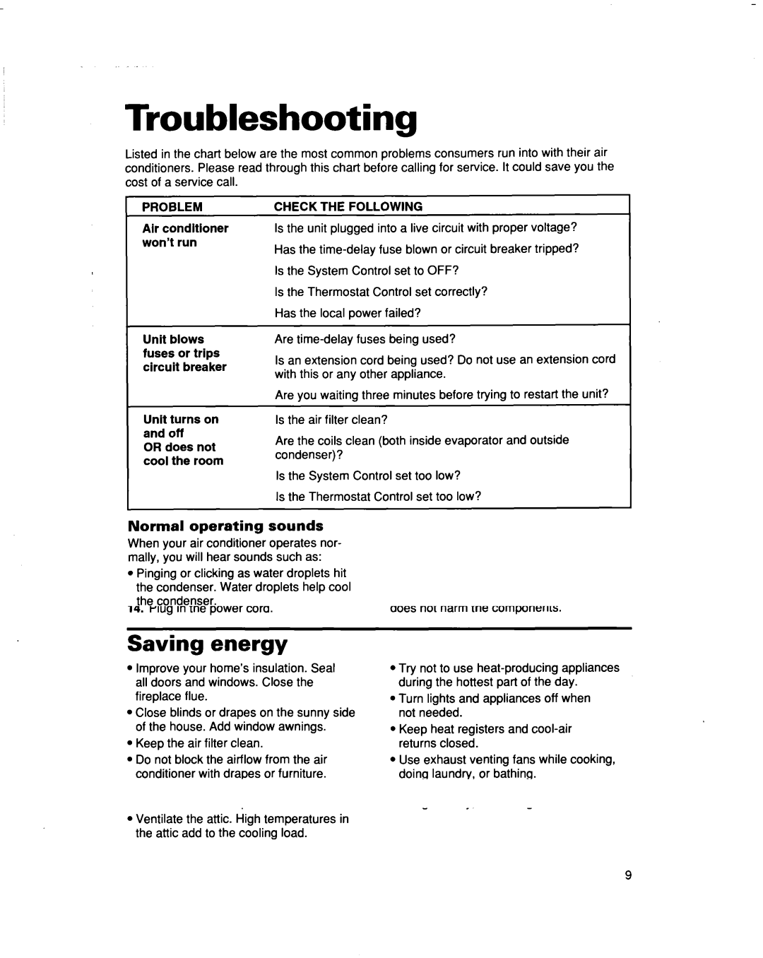 Whirlpool X07002X0, X05002X0 warranty Troubleshooting, Normal operating sounds, Problem, Check the Following 