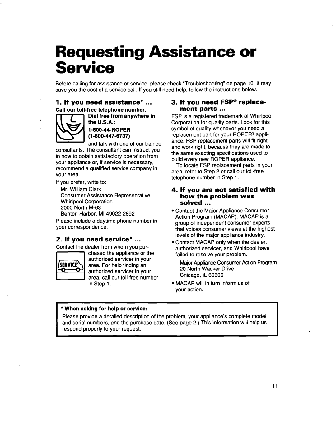 Whirlpool X05002X0, X07002X0 warranty Requesting Assistance or Service, If you need assistance, If you need service 