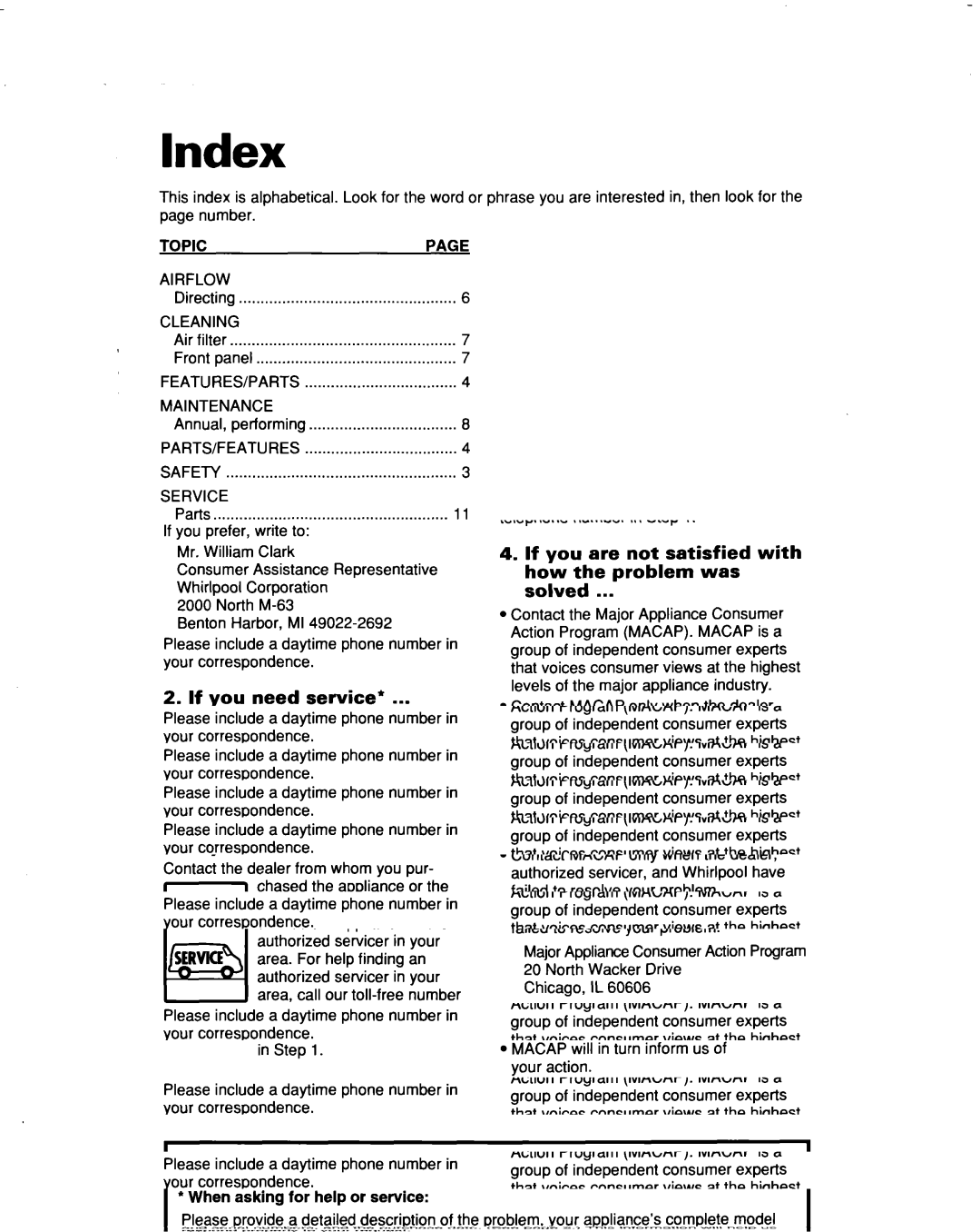 Whirlpool X07002X0, X05002X0 warranty Index, Topicpage 