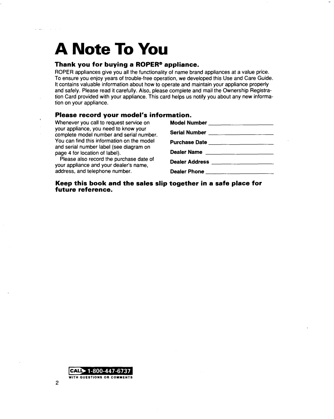 Whirlpool X07002X0, X05002X0 warranty Thank you for buying a ROPER@ appliance, Please record your model’s information 