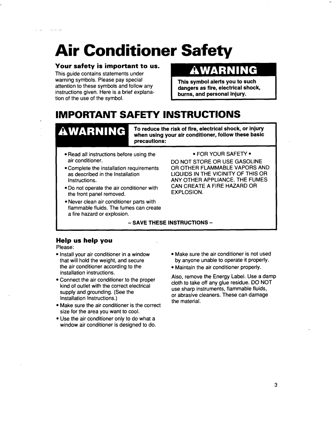 Whirlpool X05002X0 Air Conditioner, Important Safety Instructions, Your safety is important to us, Help us help you 