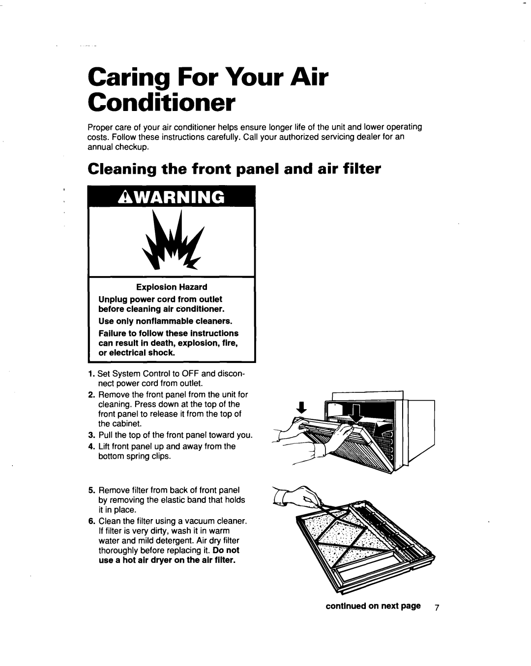 Whirlpool X05002X0, X07002X0 Caring For Your Air Conditioner, Cleaning the front panel and air filter, Explosion Hazard 