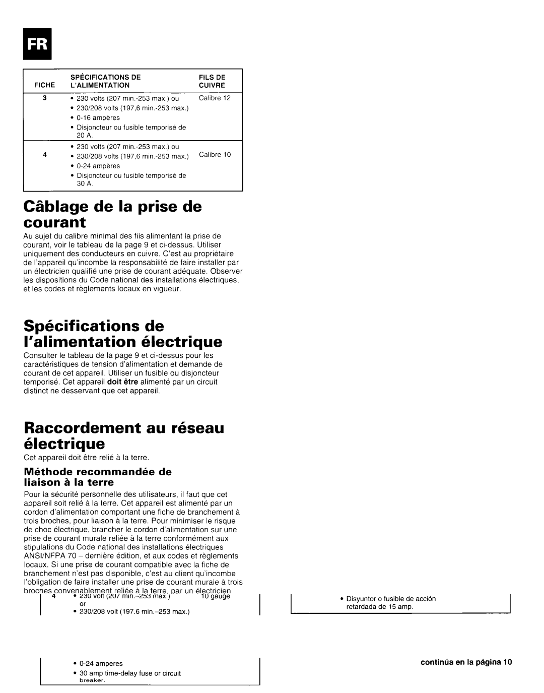 Whirlpool X18004D00 manual CBblage de la prise de courant, Sphcif ications de ’alimentation electrique 