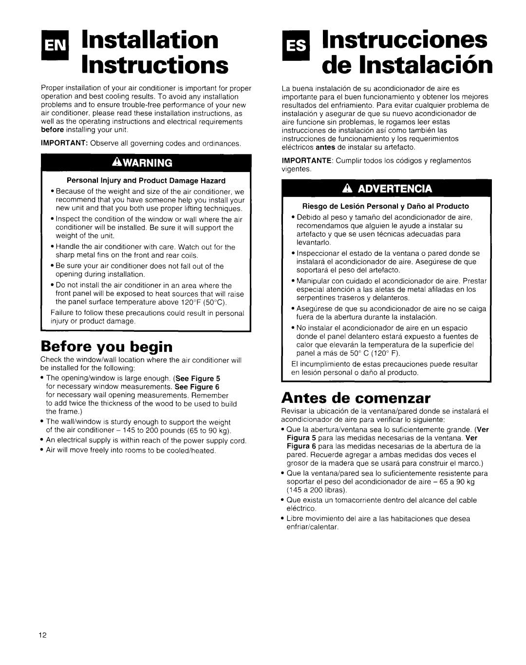 Whirlpool X18004D00 manual Installation i Instructions, Before you begin, Antes de comenzar 