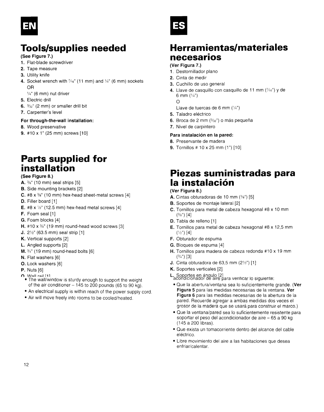 Whirlpool X18004D00 manual Tools/supplies needed, Parts supplied for installatidn, Piezas suministradas para la instalacibn 