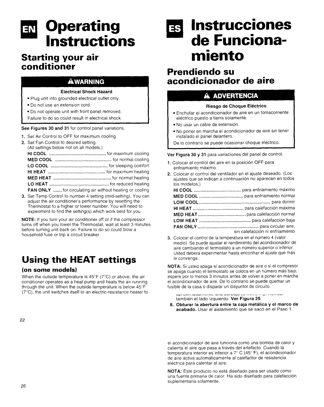 Whirlpool X18004D00 manual Starting your air conditioner, Using the Heat settings, Prendiendo su Acondicionador de aire 