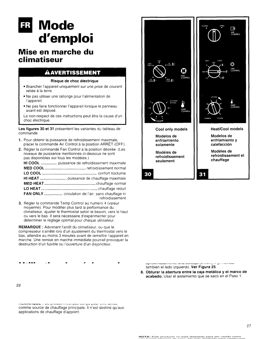 Whirlpool X18004D00 manual Mise en marche du climatiseur, Utilisation des rbglages de, Chauffage sur certains mod&les 