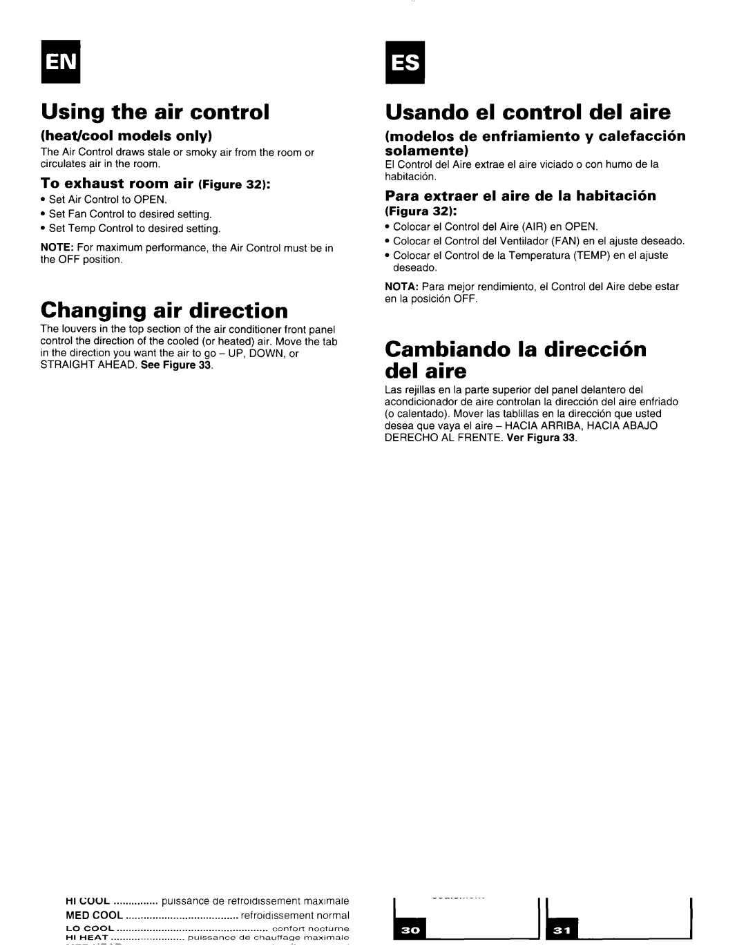 Whirlpool X18004D00 manual Using the air control, Changing air direction, Usando el control del aire 