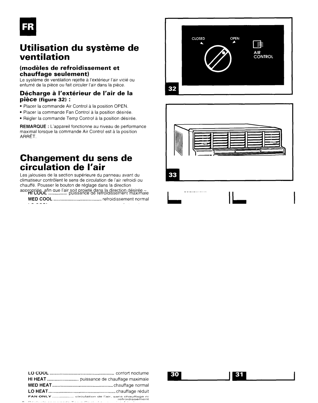 Whirlpool X18004D00 manual Utilisation du systgme de ventilation, Changement du sens de Circulation de I’air, Arret 