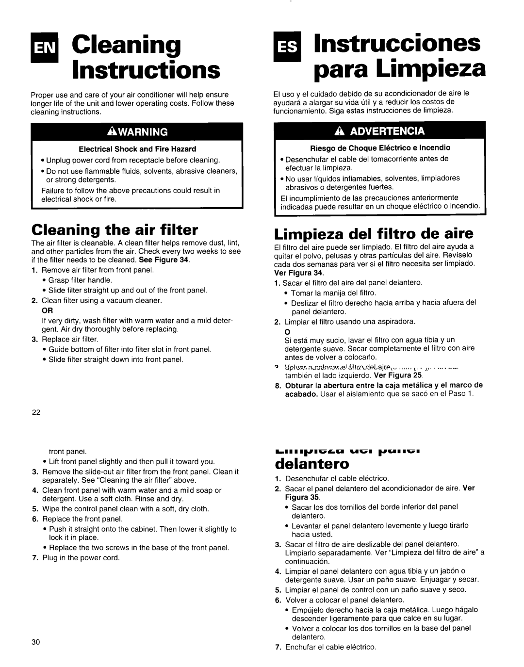 Whirlpool X18004D00 Cleaning Instructions, Cleaning the air filter, Cleaning the front panel, Limpieza del filtro de aire 