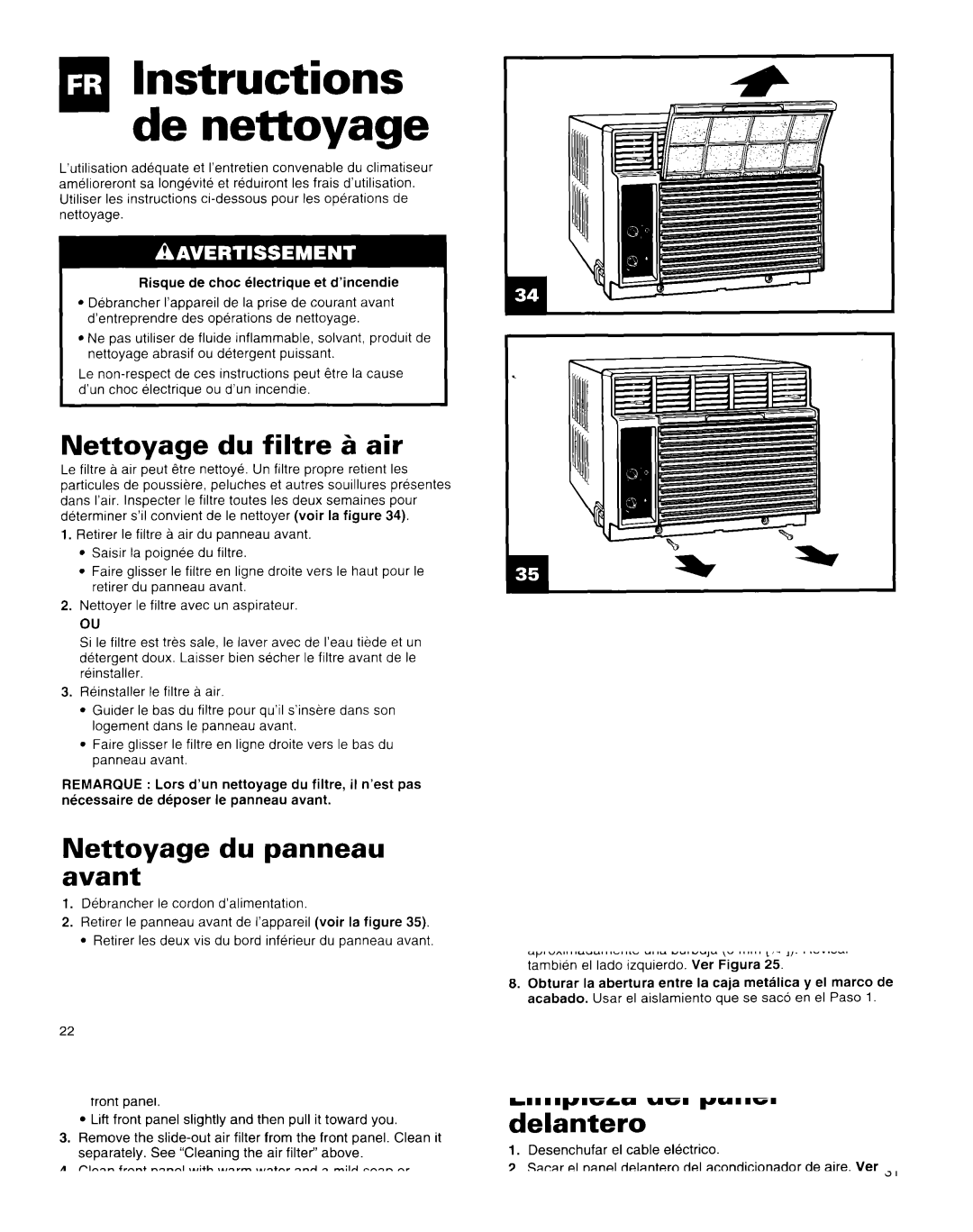 Whirlpool X18004D00 manual Nettoyage du filtre & air, Nettoyage du panneau avant 