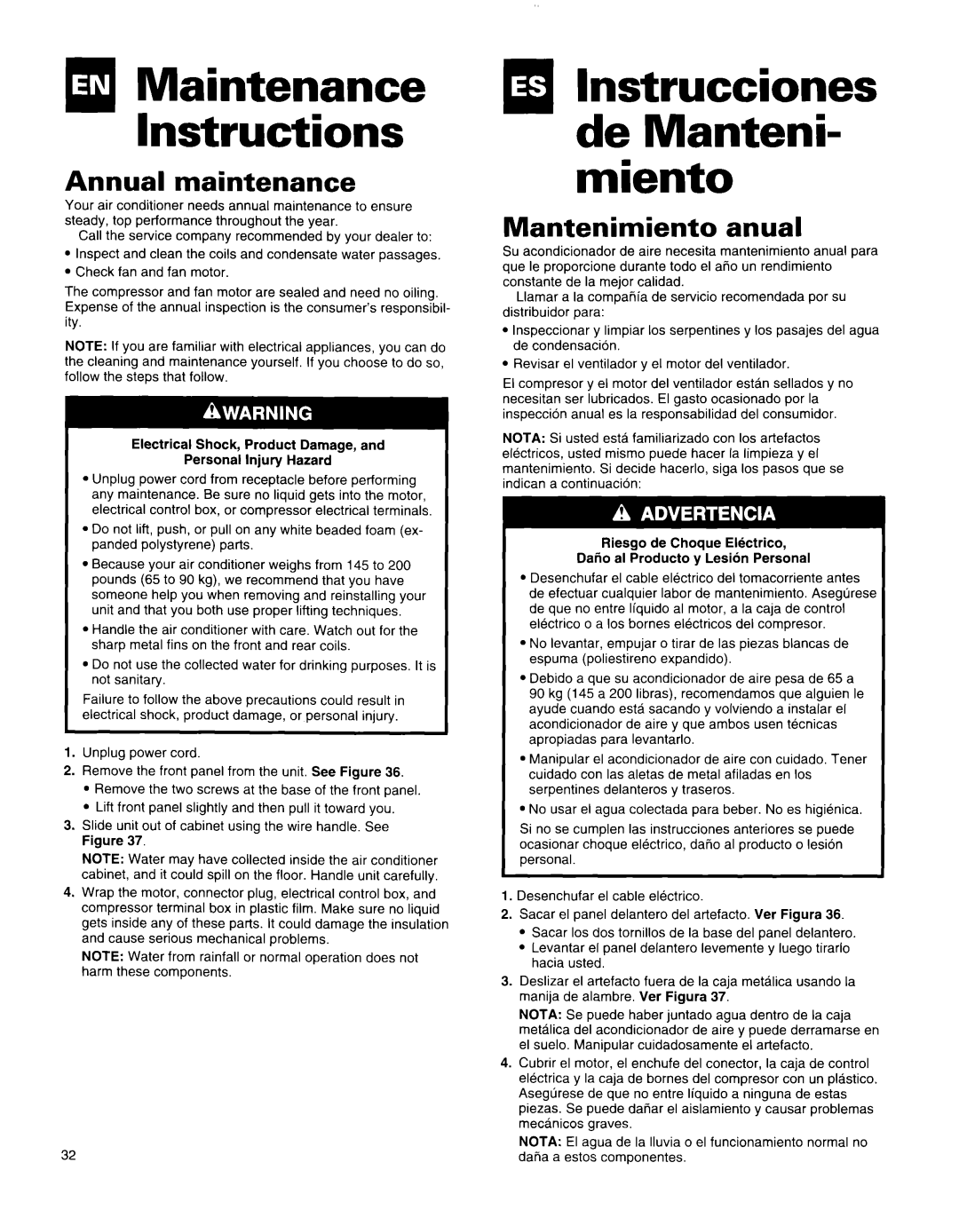 Whirlpool X18004D00 manual Annual maintenance, Mantenimiento anual 