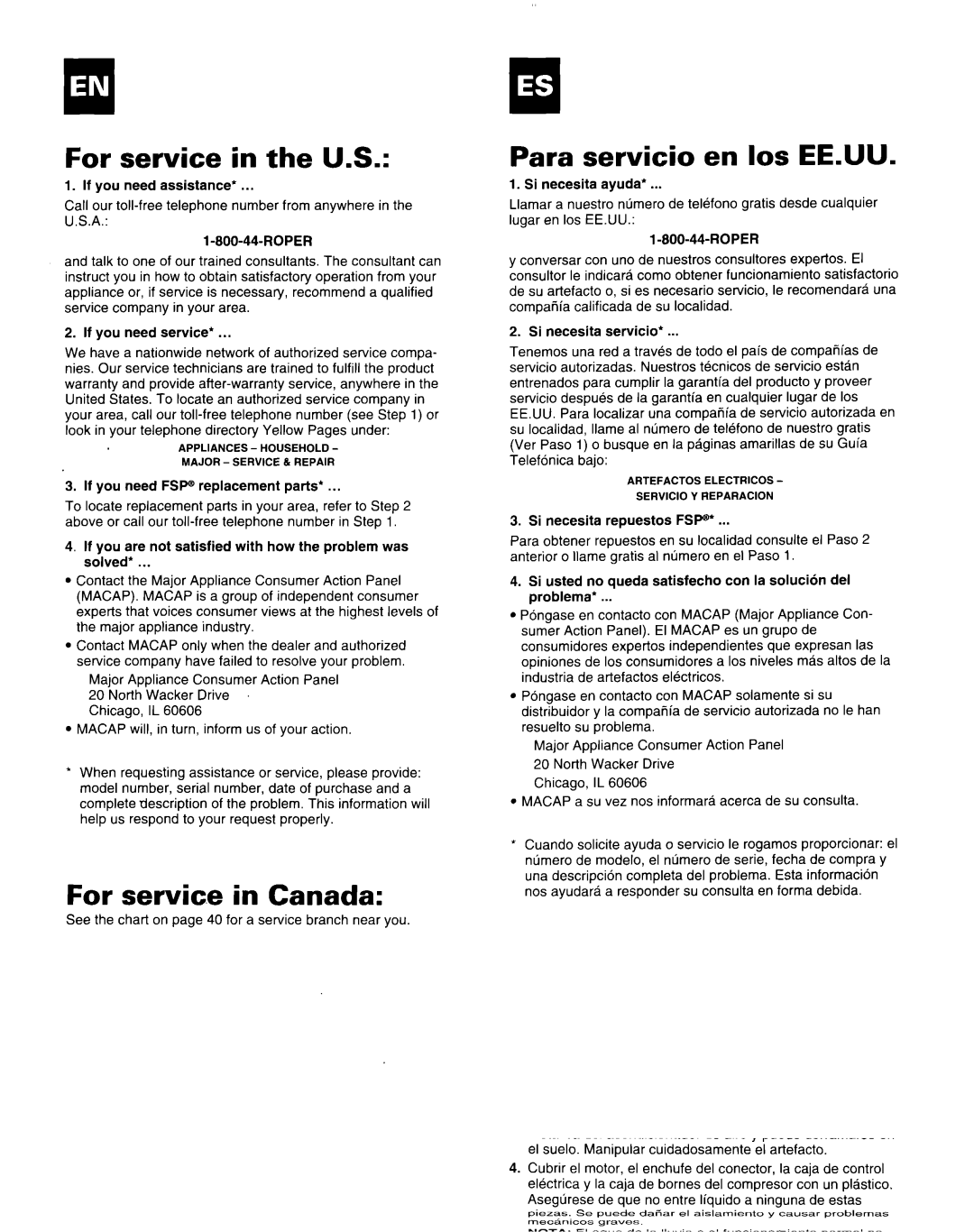 Whirlpool X18004D00 manual For service in the U.S, For servic.e in Canada, Para servicio en 10s EE.UU 