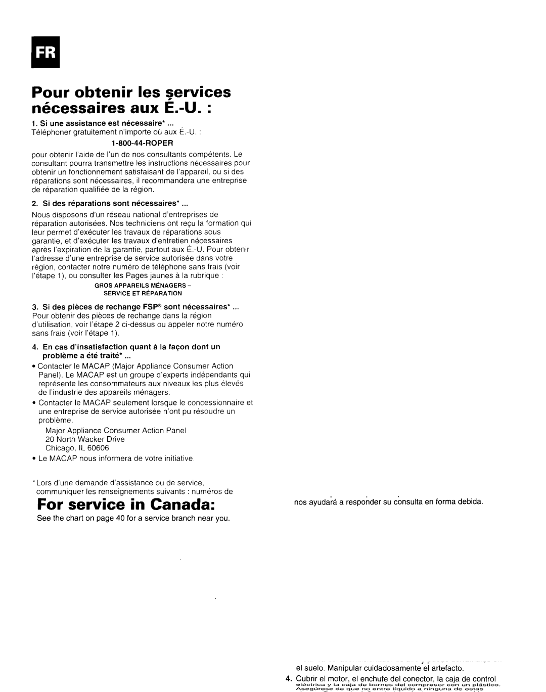 Whirlpool X18004D00 manual Pour obtenir les services mkessaires aux E.-U, Pour le service au Canada 