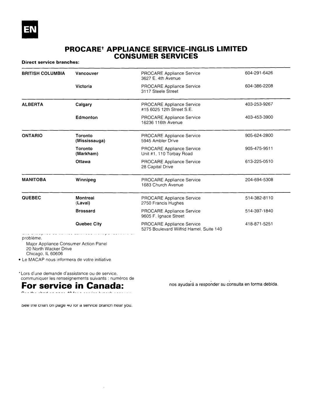 Whirlpool X18004D00 manual Columbia, Alberta, Ontario, Manitoba, Quebec, Nova Scotia 