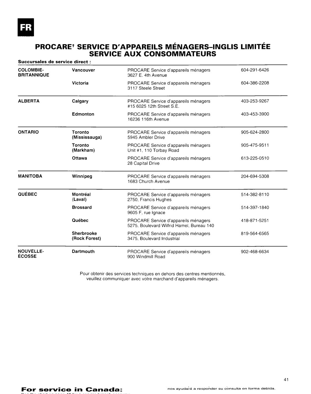 Whirlpool X18004D00 manual Colombie, Procare, Britannique, Nouvelle, Zosse 