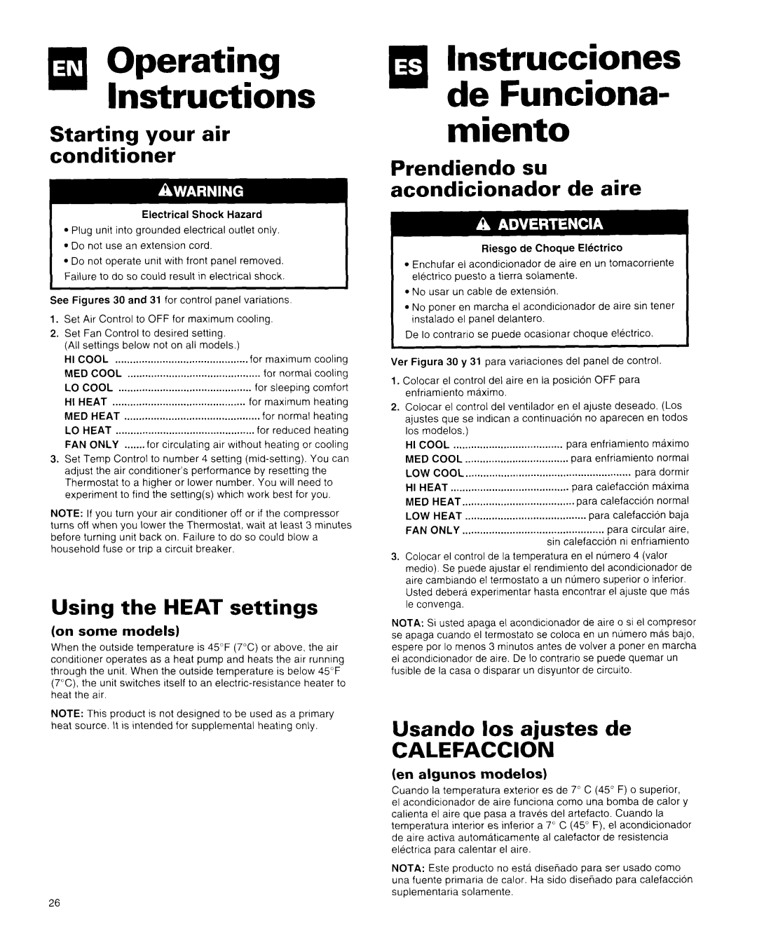 Whirlpool X18004D00 manual mlnstrucciones de Funciona- miento, Starting your air conditioner, Using the HEAT settings 