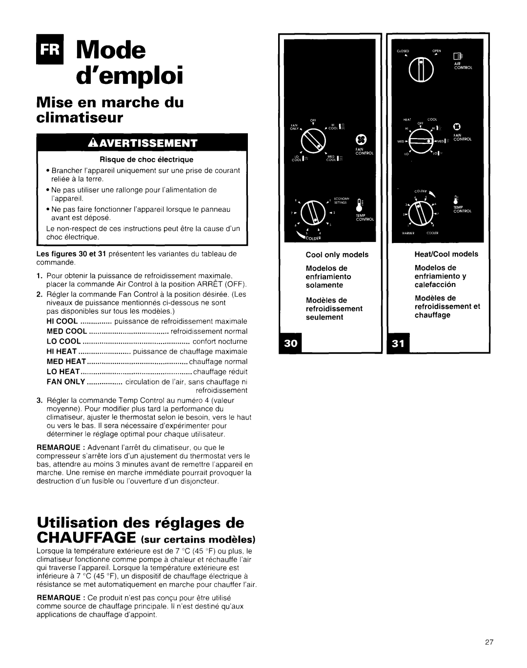Whirlpool X18004D00 manual qlMode d’emploi, Mise en marche du climatiseur, Utilisation des rbglages de 