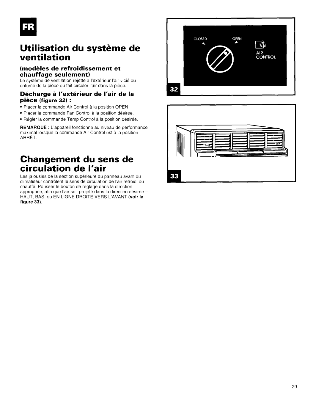 Whirlpool X18004D00 manual Utilisation du systgme de ventilation, Changement du sens de circulation de I’air 