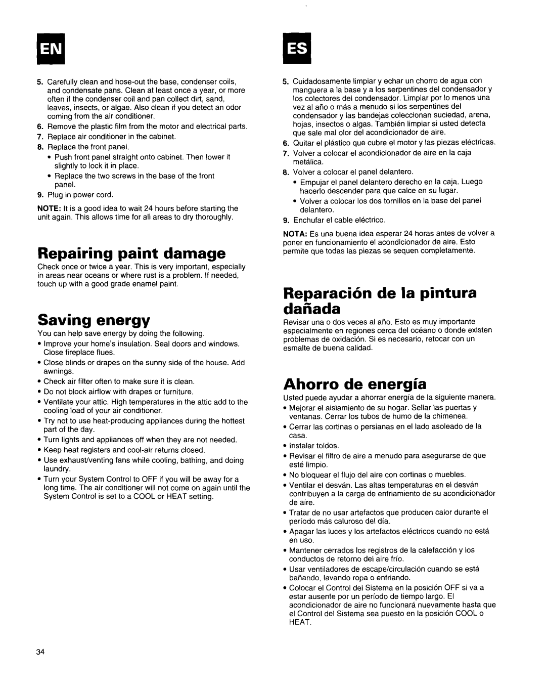 Whirlpool X18004D00 manual Repairing paint damage, Saving energy, Reparaci6n de la pintura dafiada, Ahorro de energl’a 