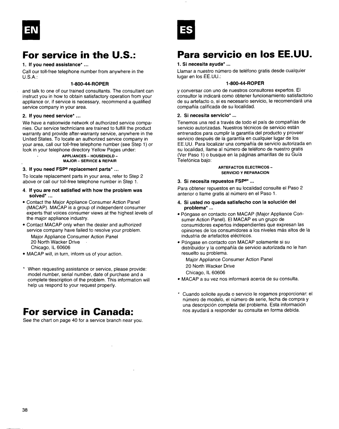 Whirlpool X18004D00 manual For service in the U.S, For servic.e in Canada, Para servicio en 10s EE.UU 