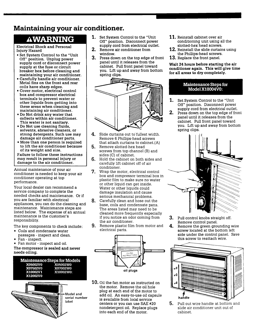 Whirlpool X10002W0, XO7002WO, X10002V1, X12002V0, X18004VO, XO7502VO, X05002W0, X05002V0 Maintaining your air conditioner 