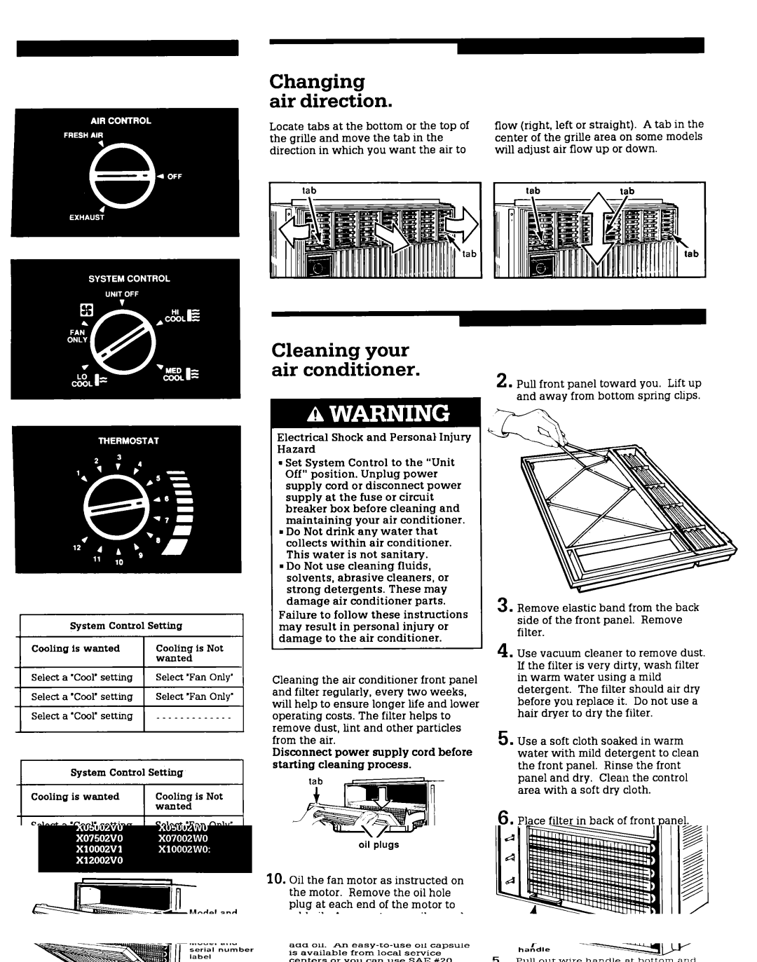 Whirlpool XO7502VO, XO7002WO, X10002V1 Changing Air Direction, Cleaning your air conditioner, Grille and move the tab 