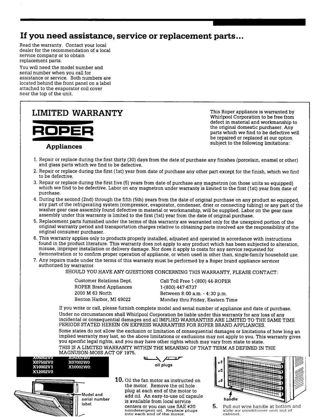 Whirlpool X05002W0, XO7002WO If you need assistance, service or replacement parts, RoPEcR, Customer Relations Dept 