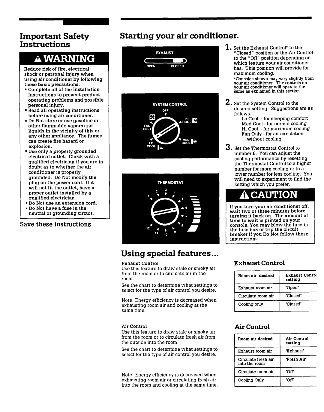 Whirlpool X12002V0 Important Safety Instructions, Starting your air conditioner, Using special features, Control, Exhaust 
