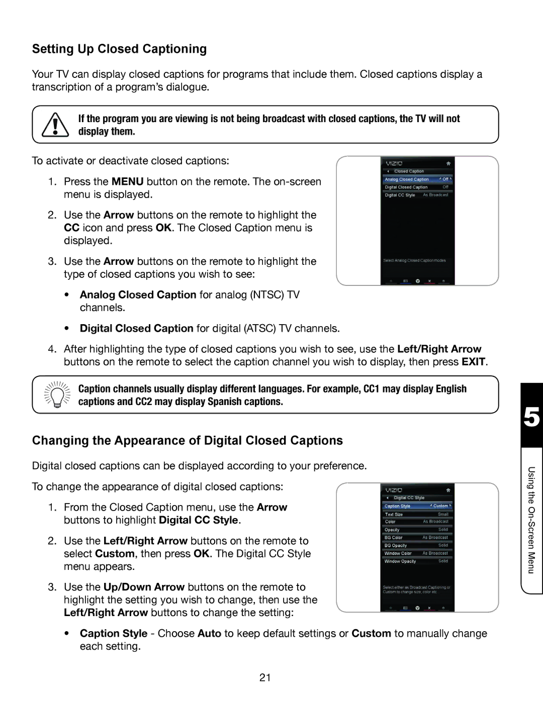 Whirlpool XVT3D424SV manual Setting Up Closed Captioning, Changing the Appearance of Digital Closed Captions 