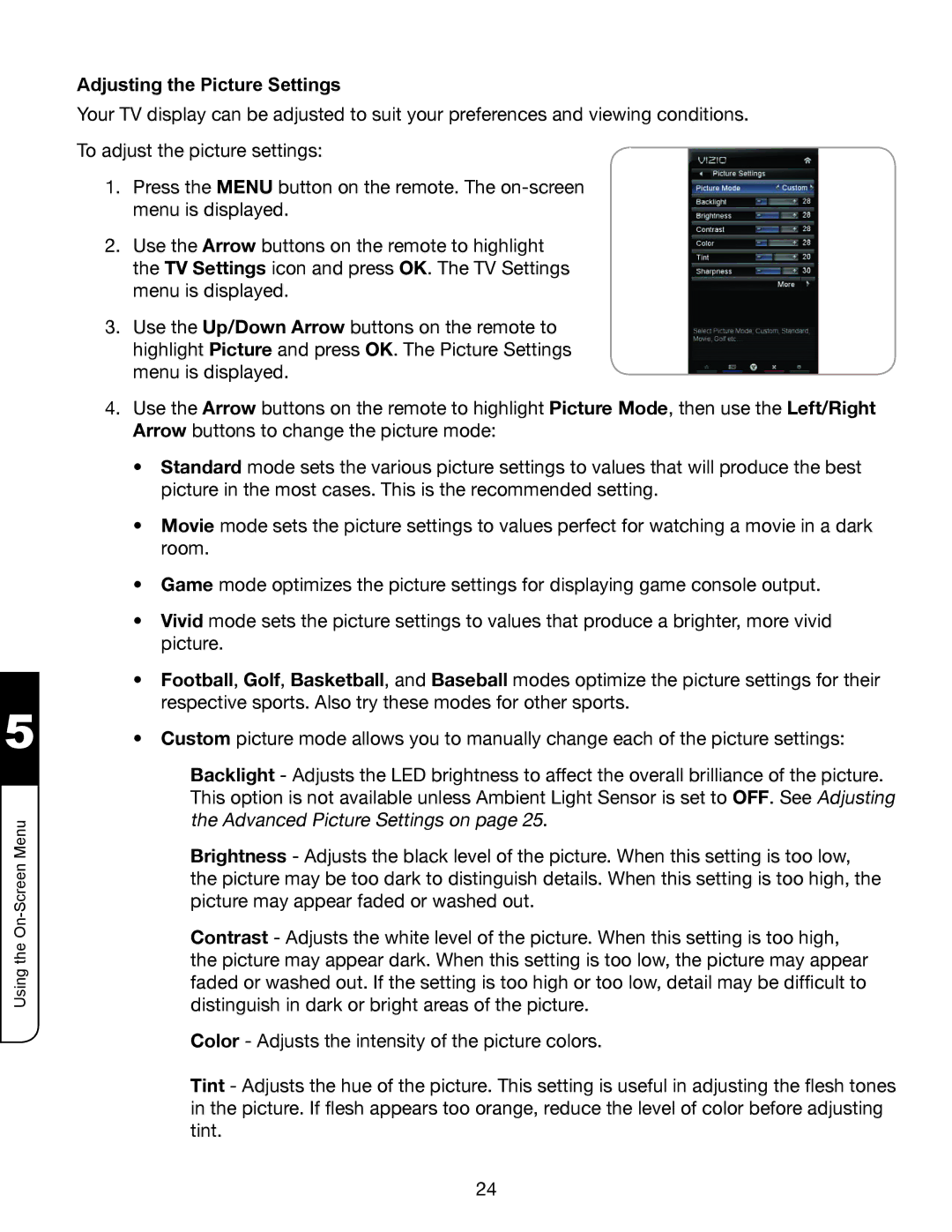 Whirlpool XVT3D424SV manual Adjusting the Picture Settings 