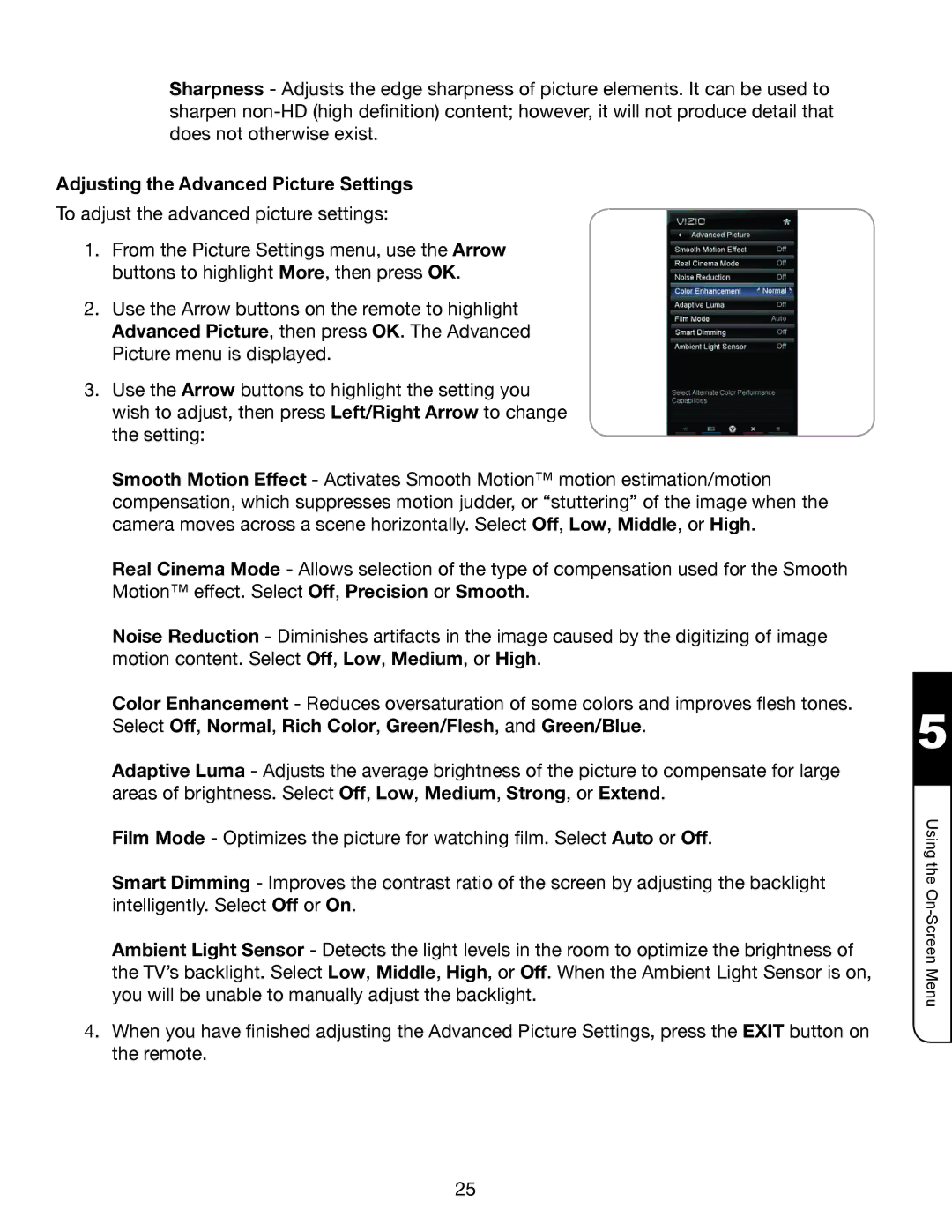 Whirlpool XVT3D424SV manual Adjusting the Advanced Picture Settings 