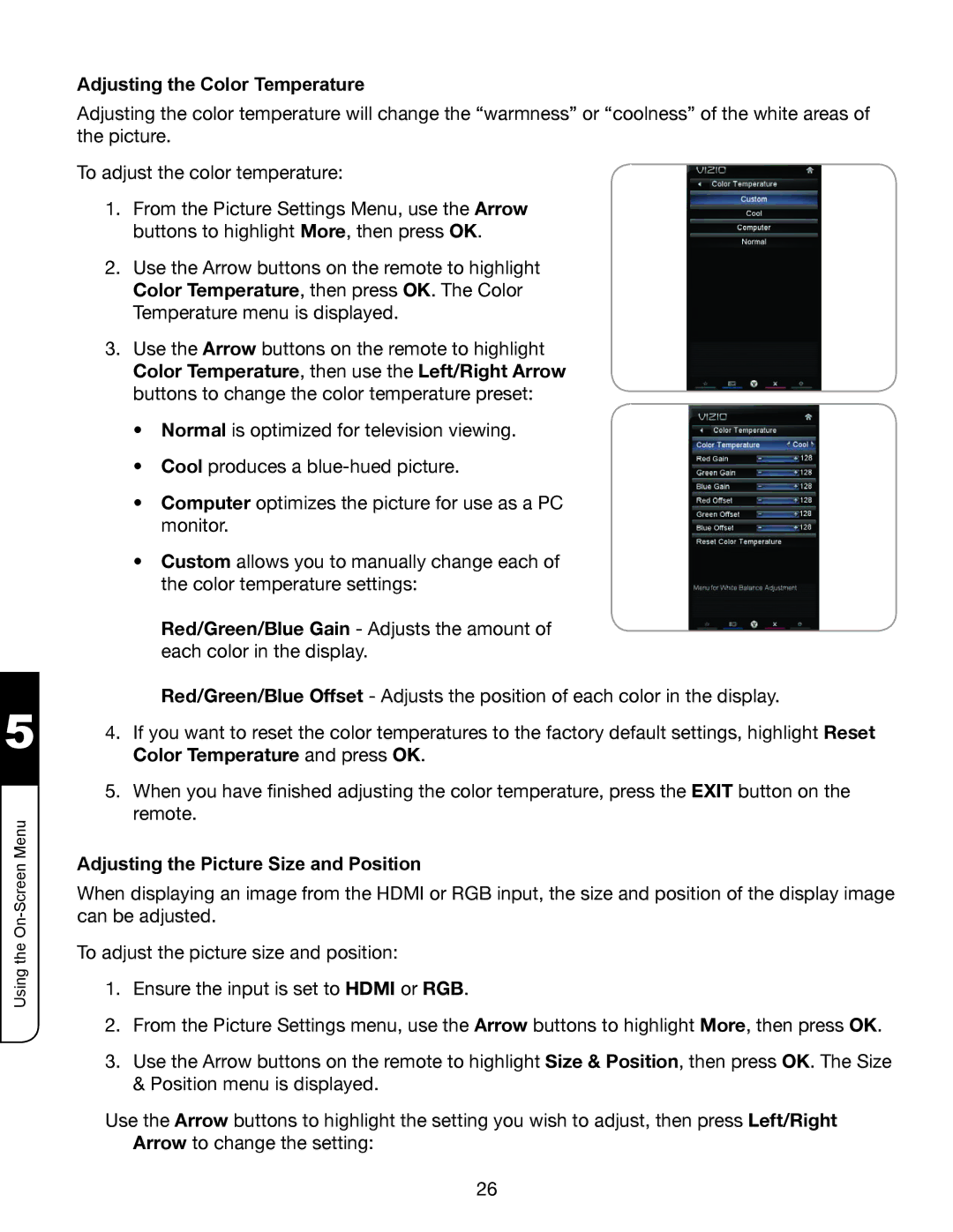 Whirlpool XVT3D424SV manual Adjusting the Color Temperature, Adjusting the Picture Size and Position 