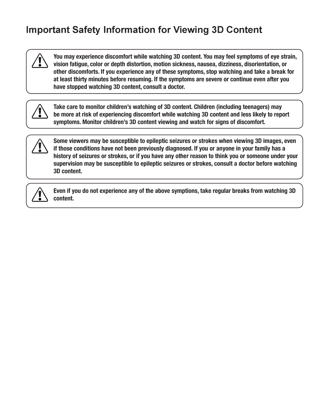 Whirlpool XVT3D424SV manual Important Safety Information for Viewing 3D Content 