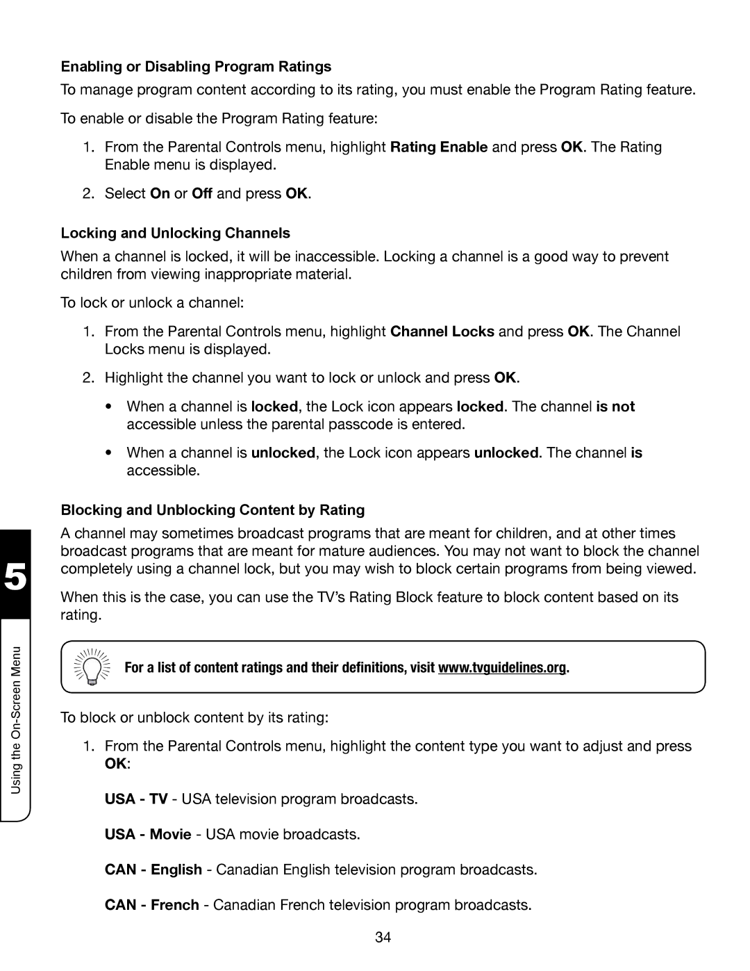 Whirlpool XVT3D424SV manual Enabling or Disabling Program Ratings, Locking and Unlocking Channels 