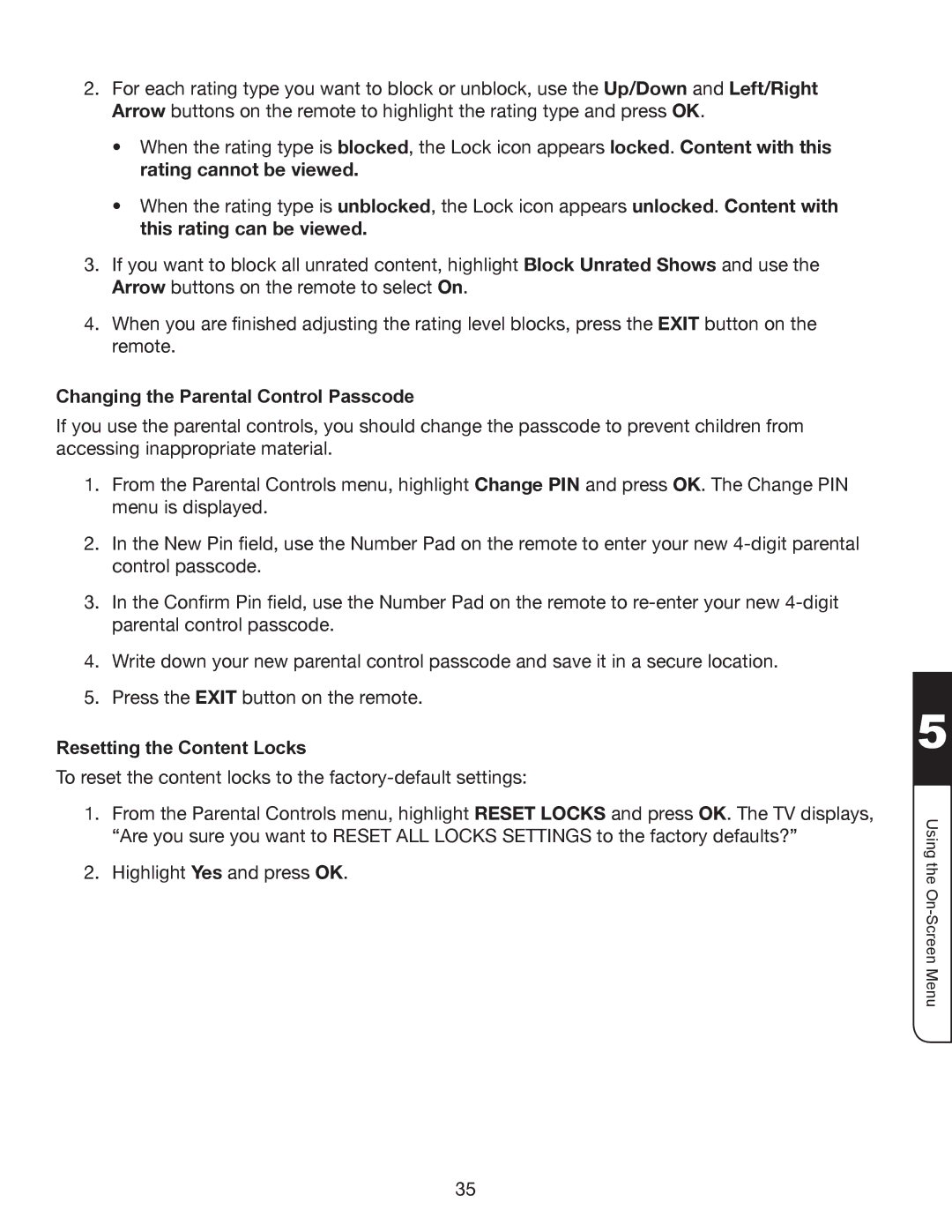 Whirlpool XVT3D424SV manual Changing the Parental Control Passcode, Resetting the Content Locks 