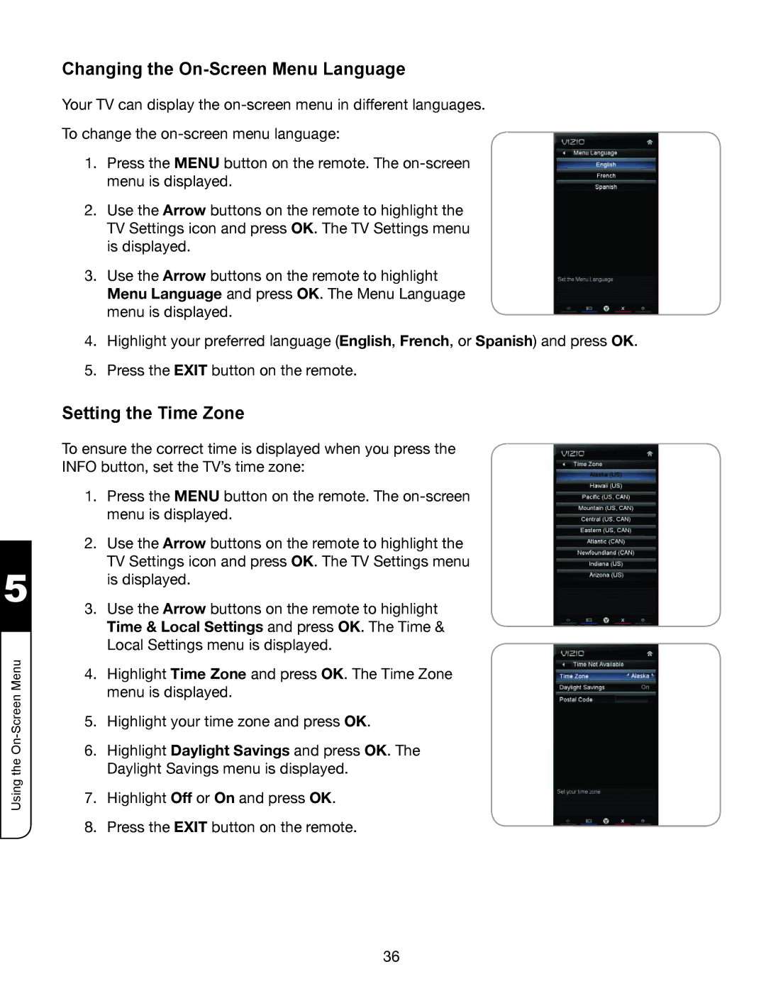 Whirlpool XVT3D424SV manual Changing the On-Screen Menu Language, Setting the Time Zone 