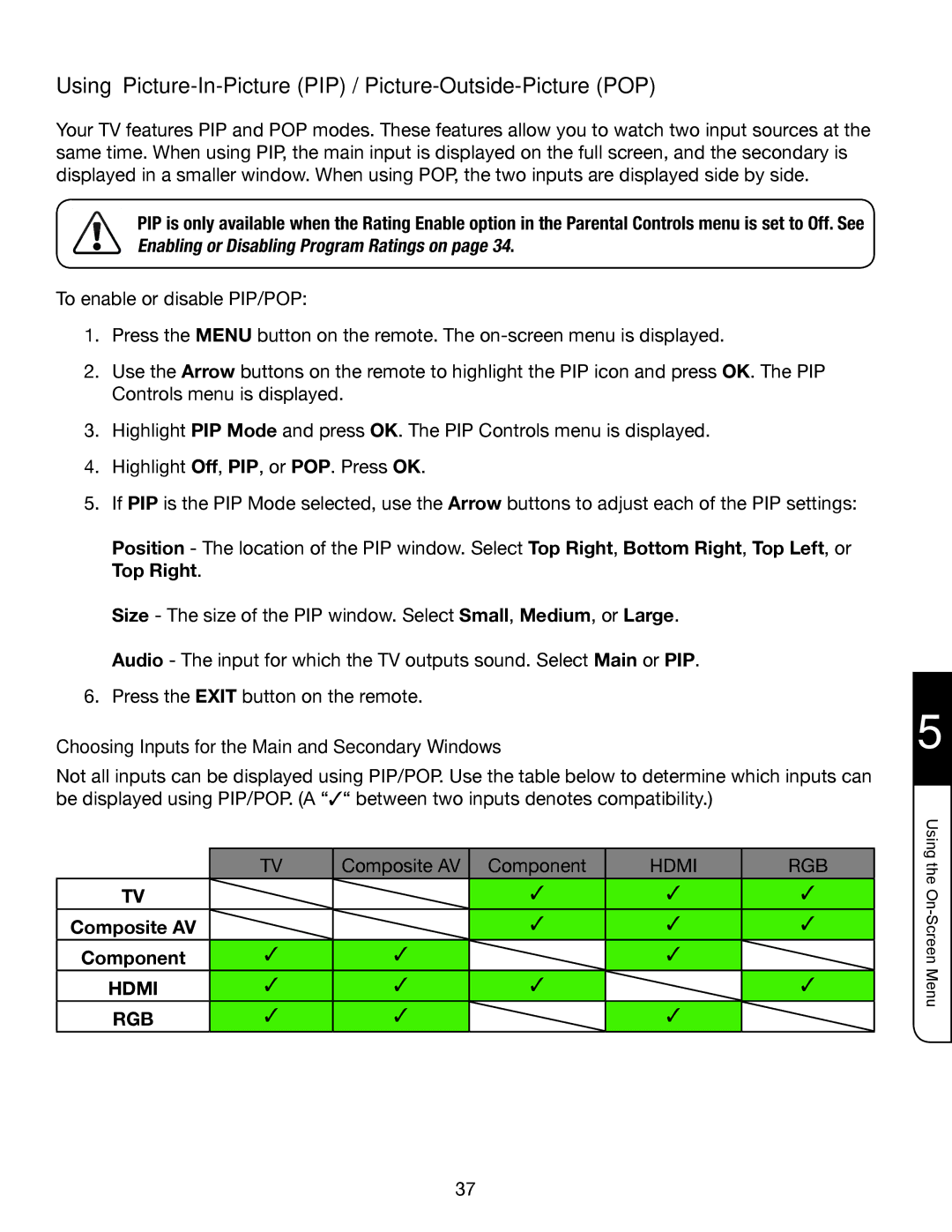 Whirlpool XVT3D424SV manual Using Picture-In-Picture PIP / Picture-Outside-Picture POP, Component 