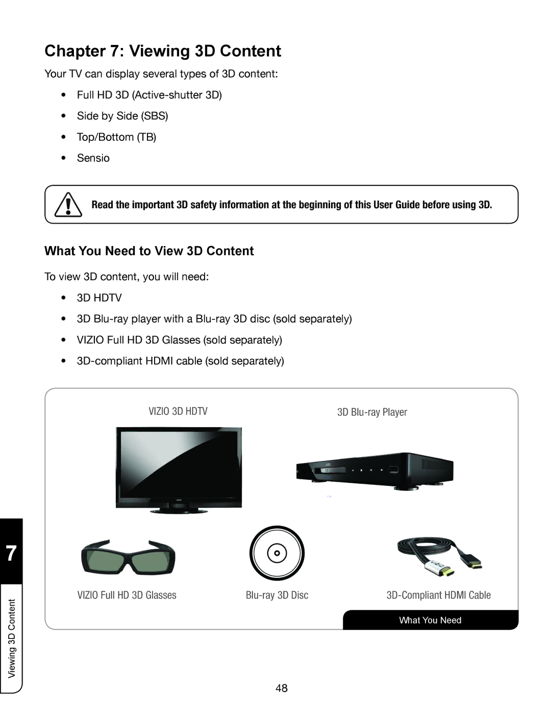 Whirlpool XVT3D424SV manual Viewing 3D Content, What You Need to View 3D Content 