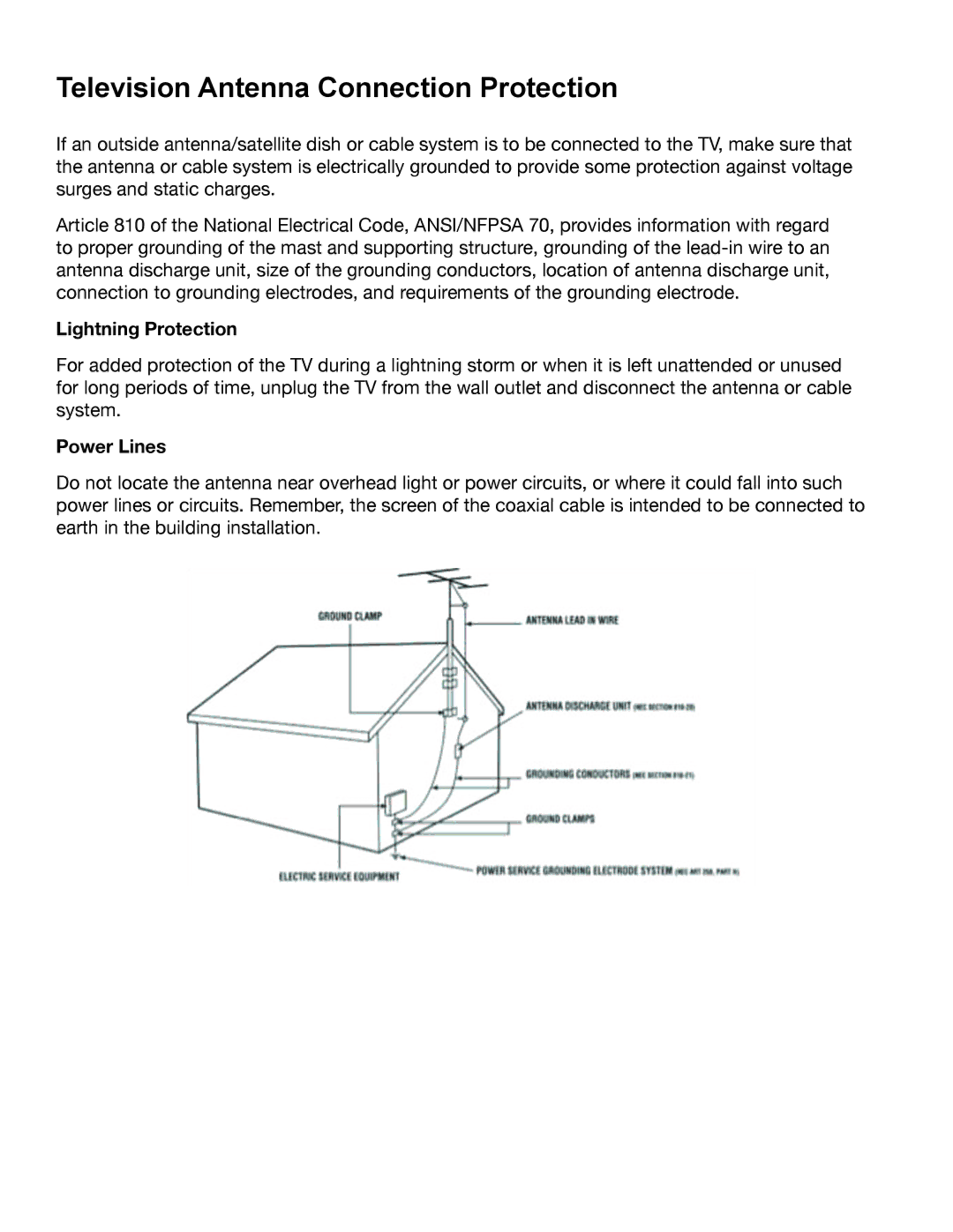 Whirlpool XVT3D424SV manual Television Antenna Connection Protection, Lightning Protection, Power Lines 