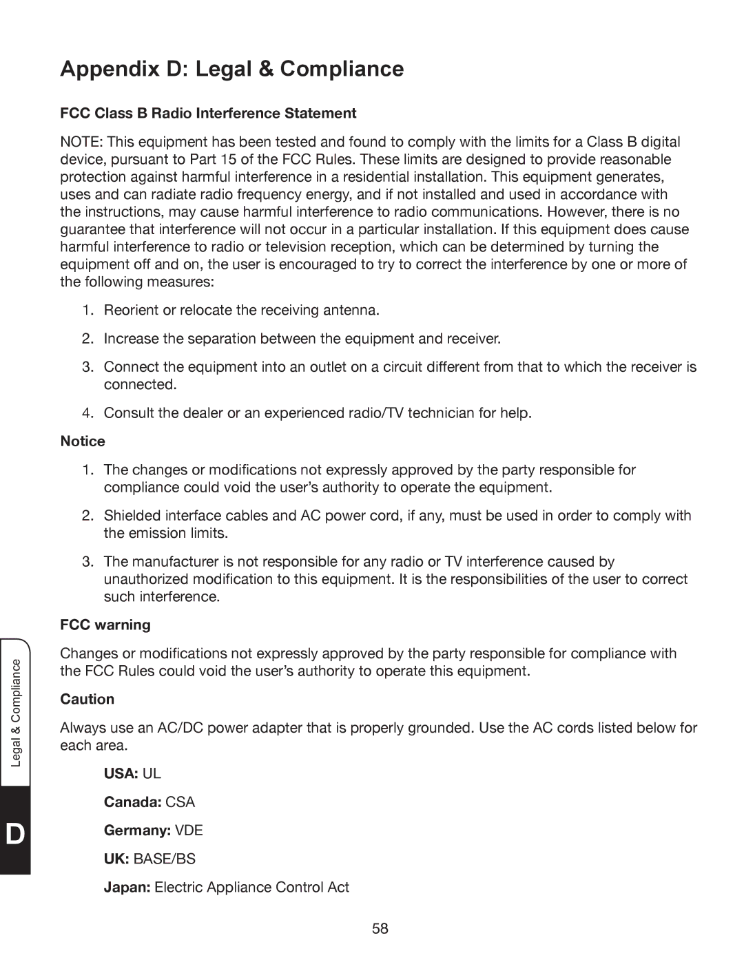 Whirlpool XVT3D424SV manual Appendix D Legal & Compliance, FCC Class B Radio Interference Statement, FCC warning 