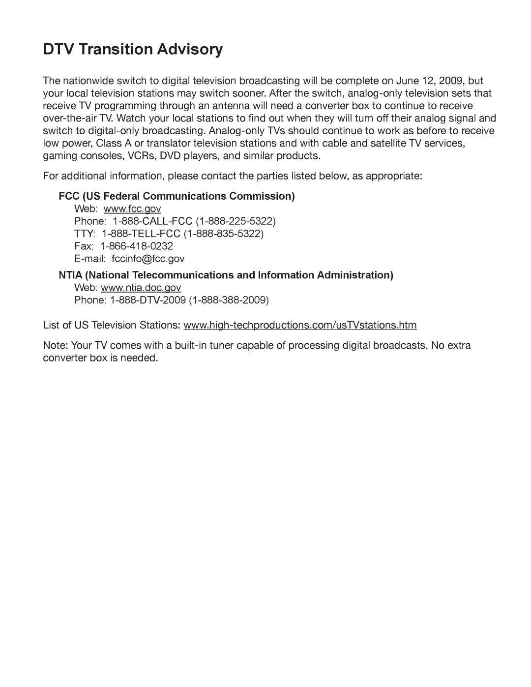 Whirlpool XVT3D424SV manual DTV Transition Advisory, FCC US Federal Communications Commission 